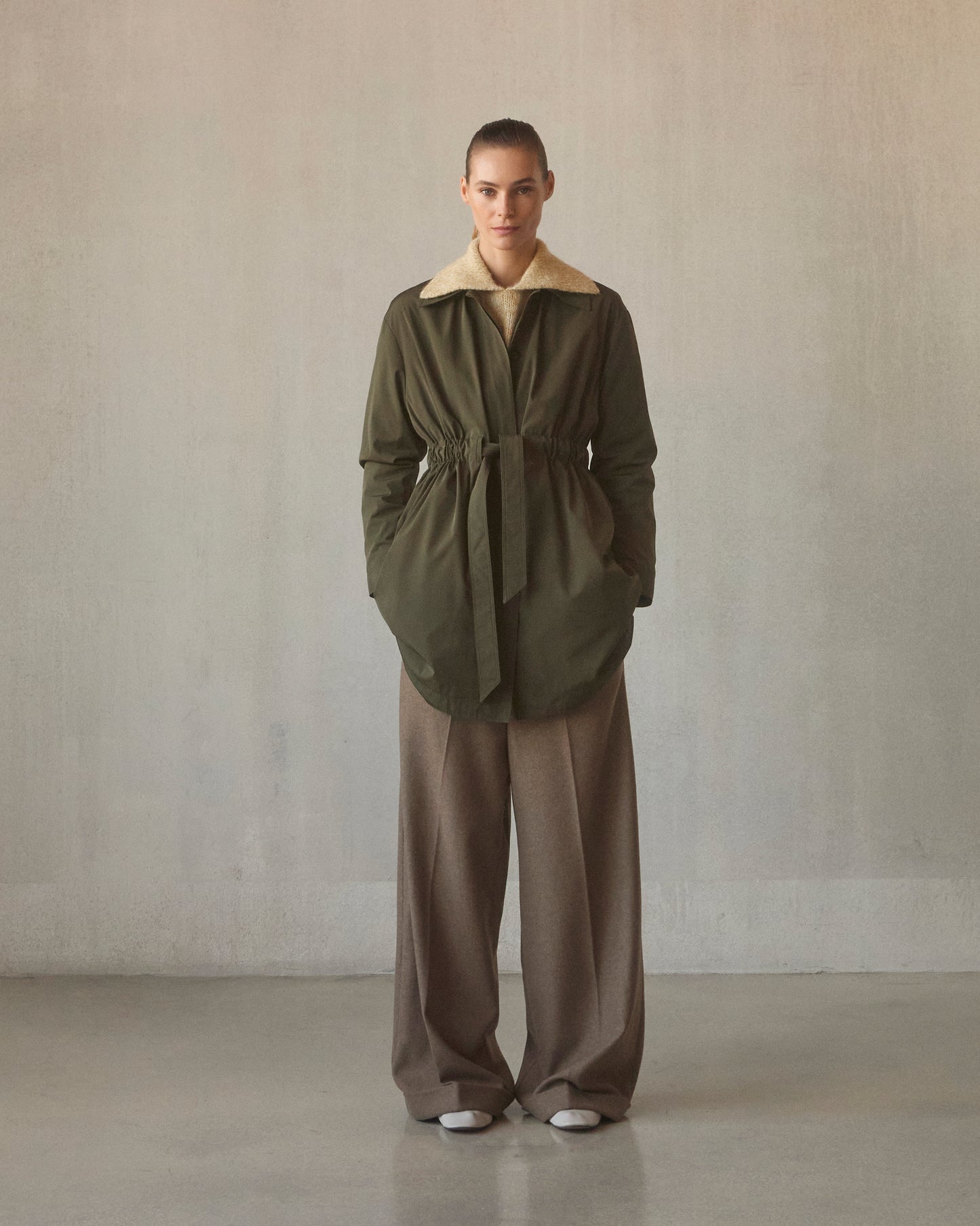 Cinch Waisted Raincoat with Detachable Hood - Olive