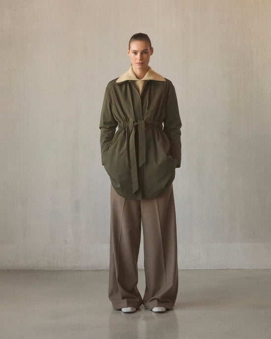 Cinch Waisted Raincoat with Detachable Hood - Olive