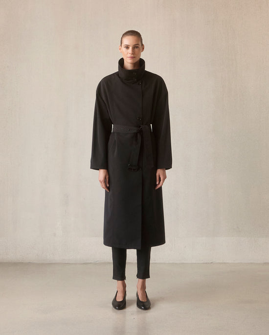 Asymmetrical Belted Trench with Stand Collar - Black