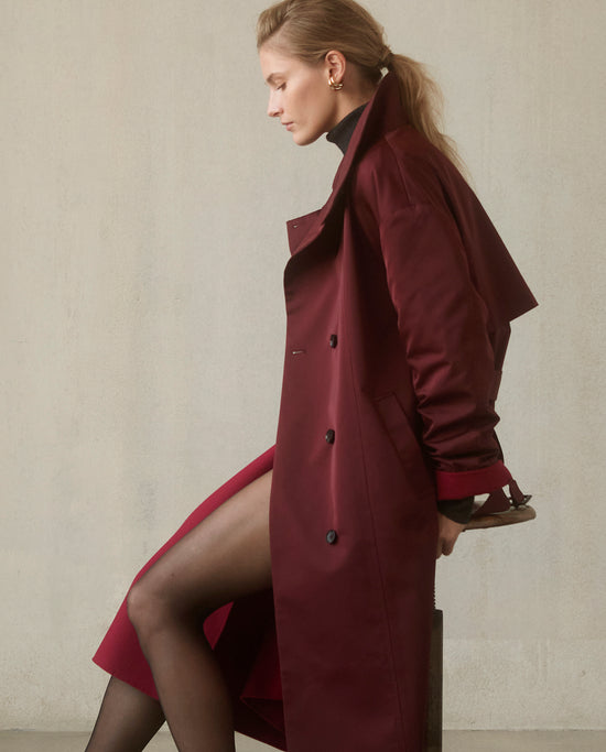 Asymmetrical Belted Trench with Stand Collar - Deep Red