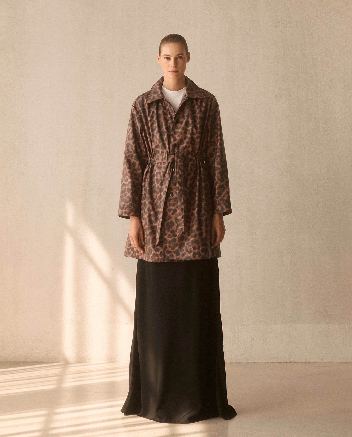 Cinch Waisted Raincoat with Detachable Hood - Leopard Print