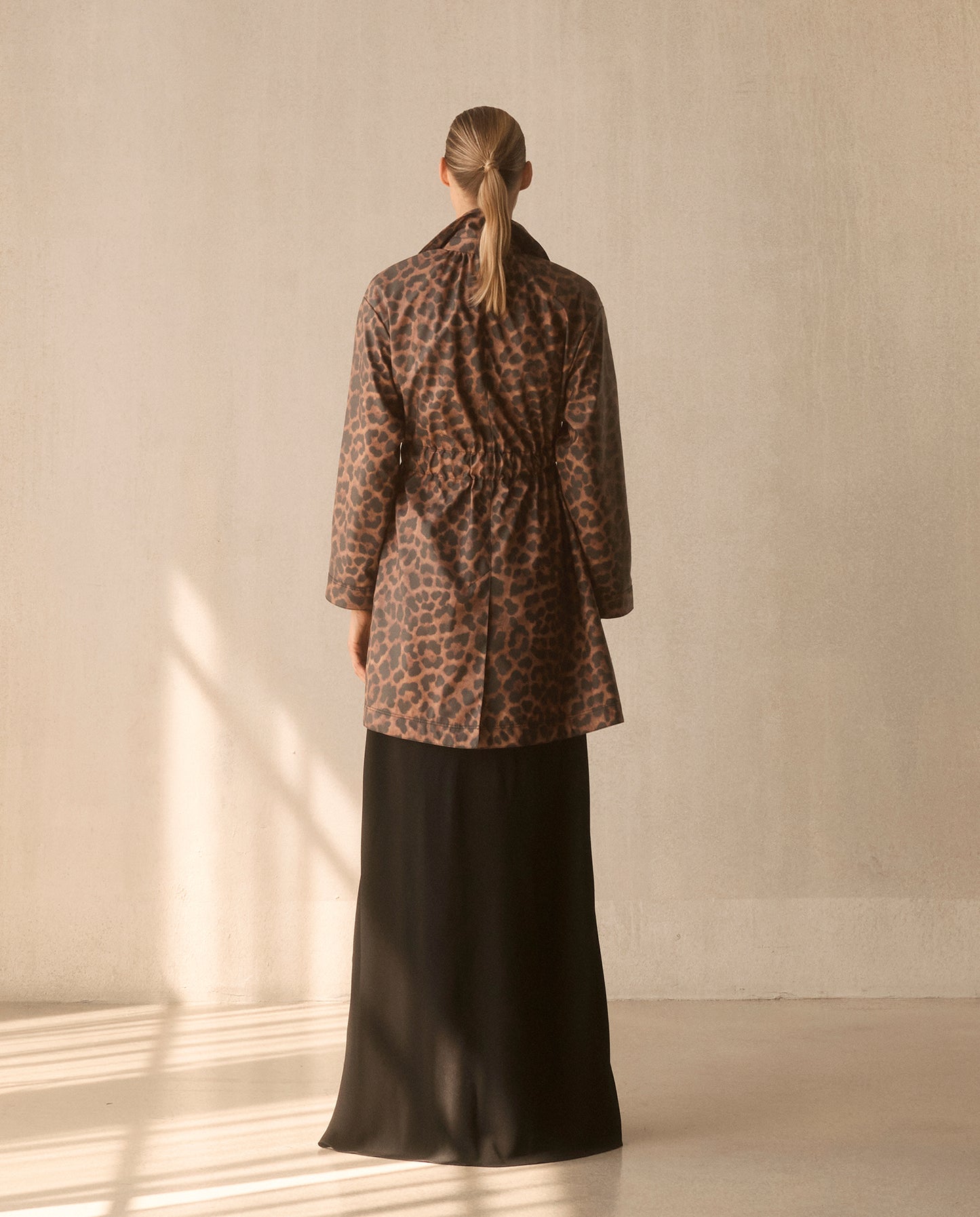 Cinch Waisted Raincoat with Detachable Hood - Leopard Print
