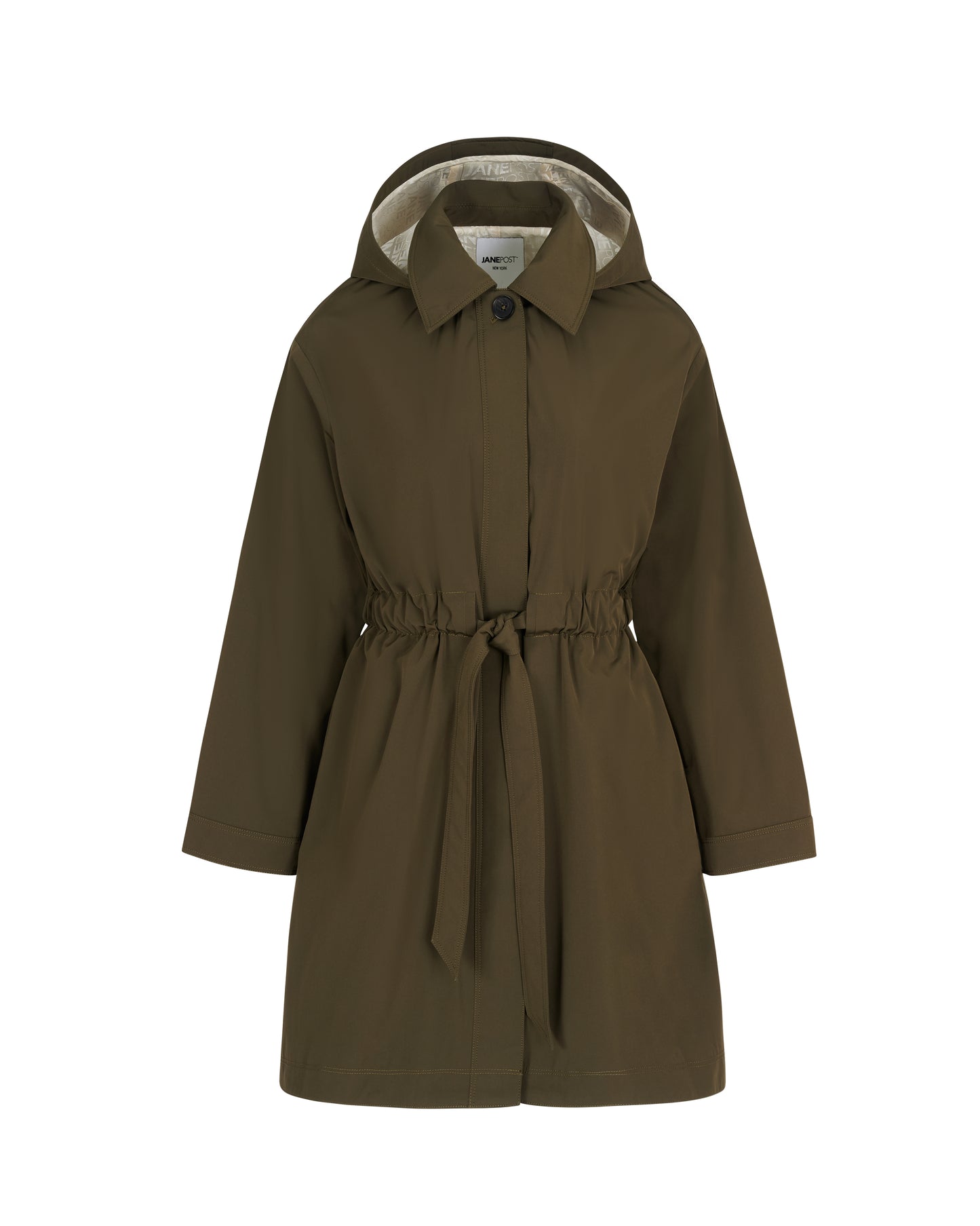 Cinch Waisted Raincoat with Detachable Hood - Olive