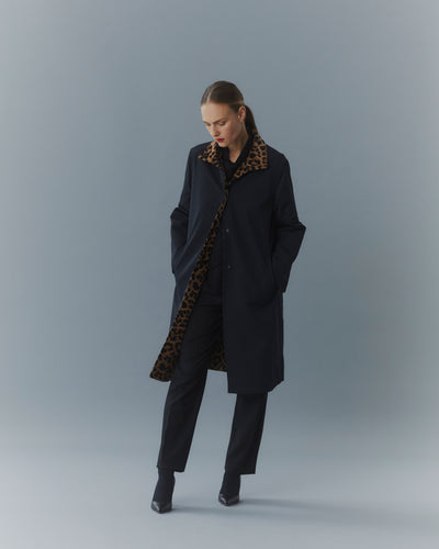 High Collar Reversible Coat - Black & Leopard