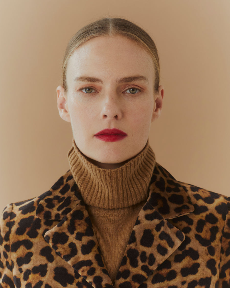 Leopard Velvet Notch Collar Coat