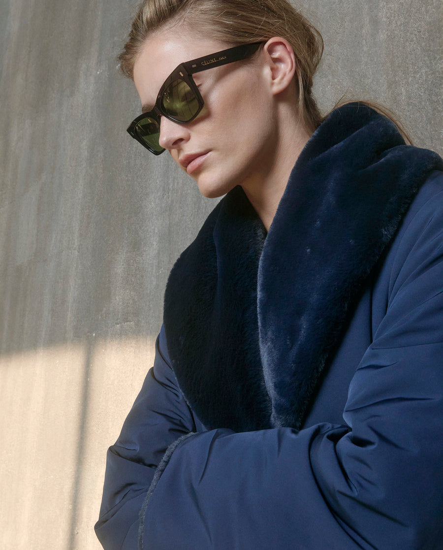 Pile Lined Shawl Collar Coat - Navy