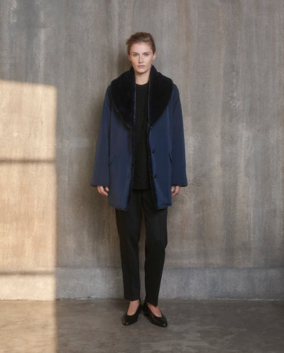 Pile Lined Shawl Collar Coat - Navy