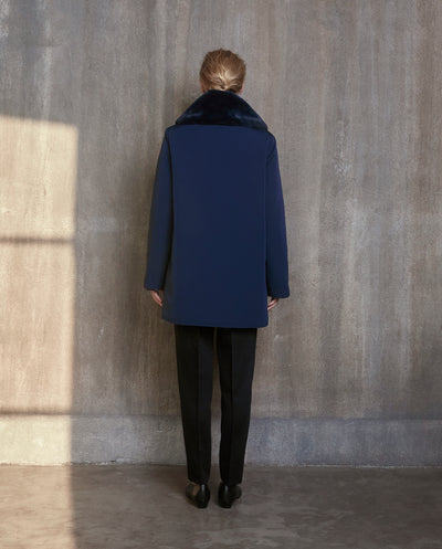 Pile Lined Shawl Collar Coat - Navy