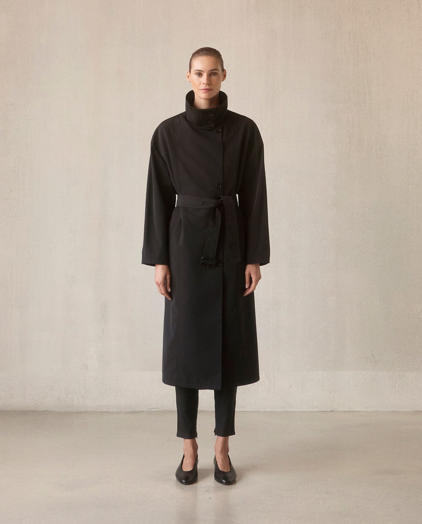 Asymmetrical Belted Trench with Stand Collar - Black – Jane Post