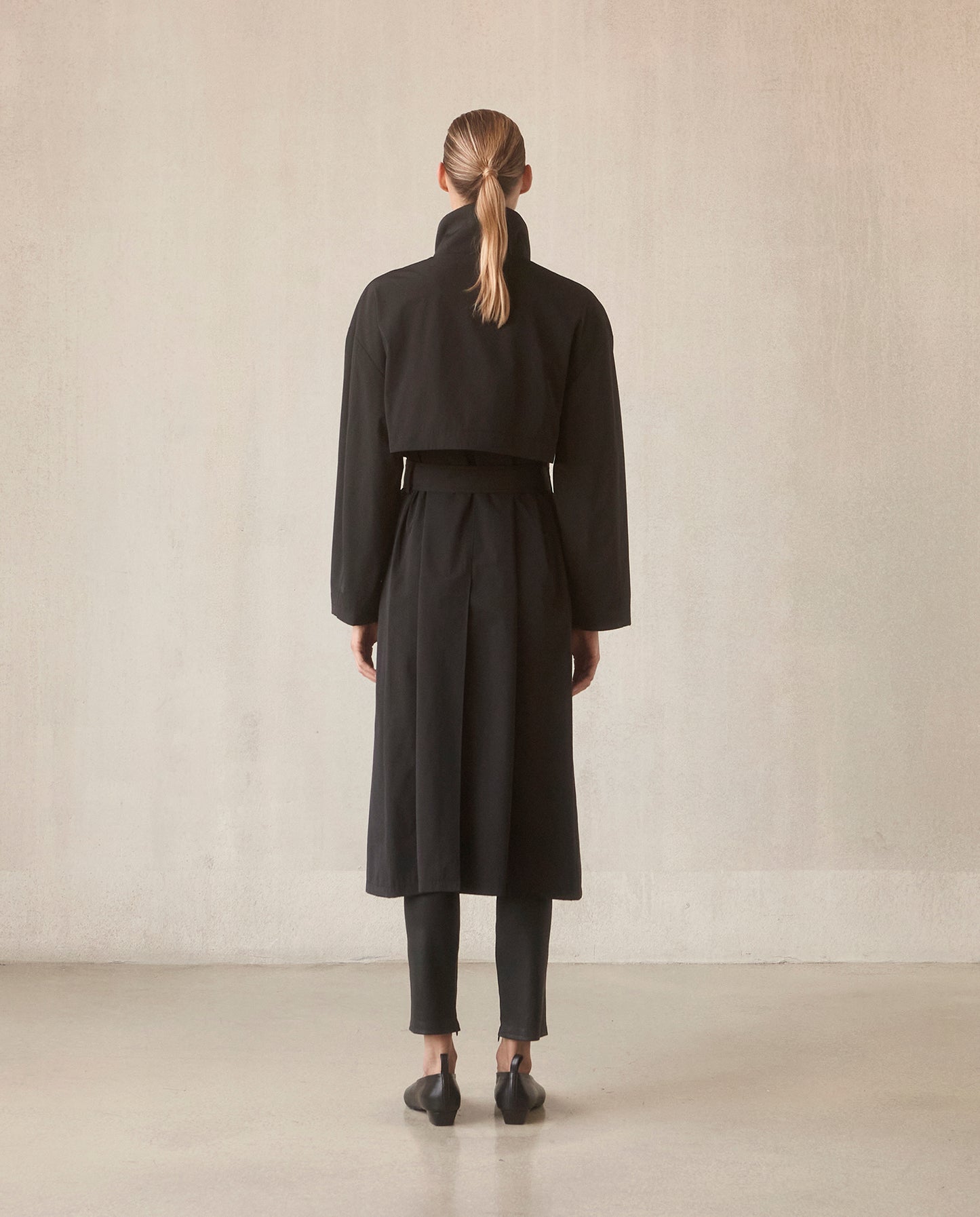 Asymmetrical Belted Trench with Stand Collar - Black