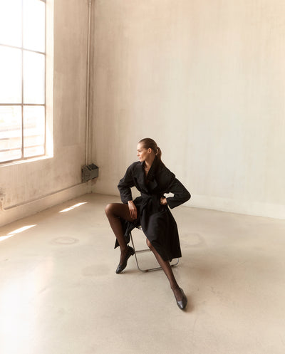 Asymmetrical Belted Trench with Stand Collar - Black