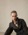Asymmetrical Belted Trench with Stand Collar - Black