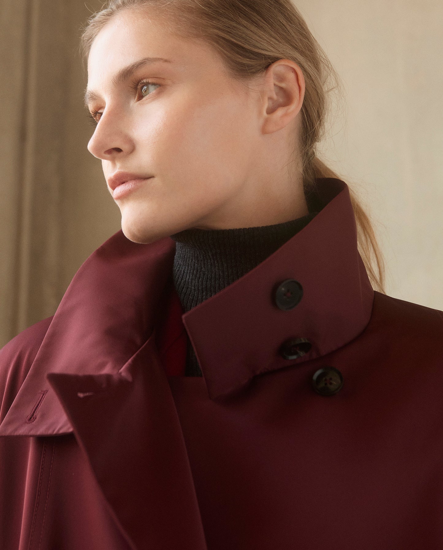 Asymmetrical Belted Trench with Stand Collar - Deep Red