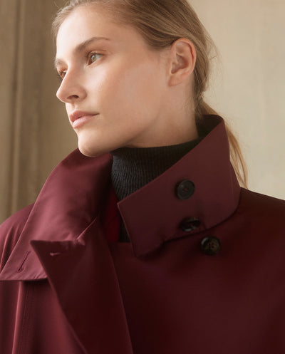 Asymmetrical Belted Trench with Stand Collar - Deep Red
