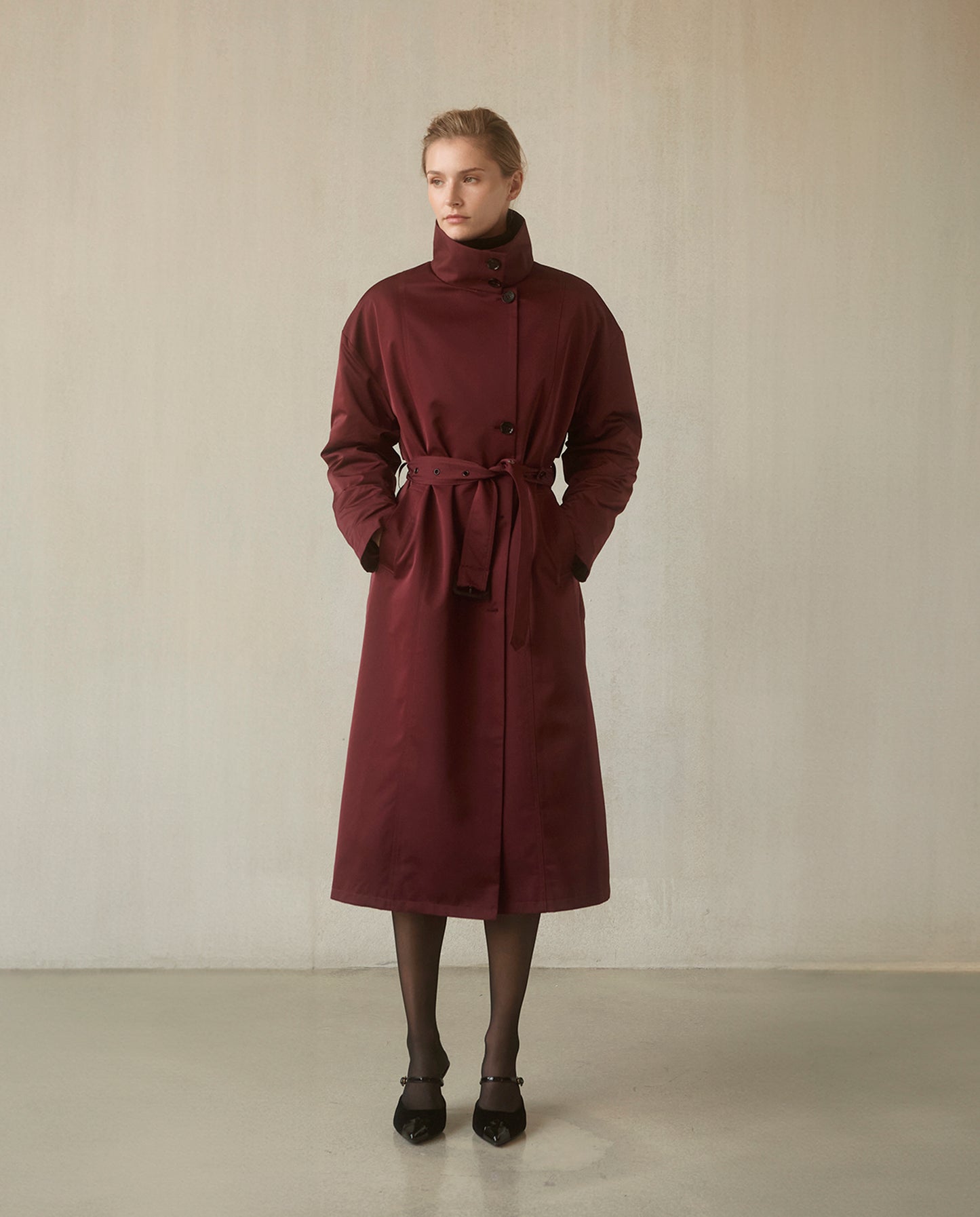 Asymmetrical Belted Trench with Stand Collar - Deep Red