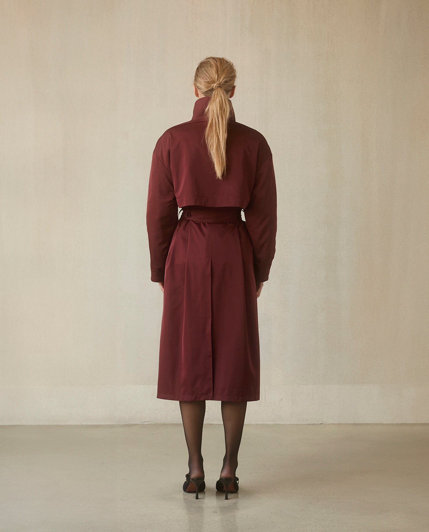 Asymmetrical Belted Trench with Stand Collar - Deep Red