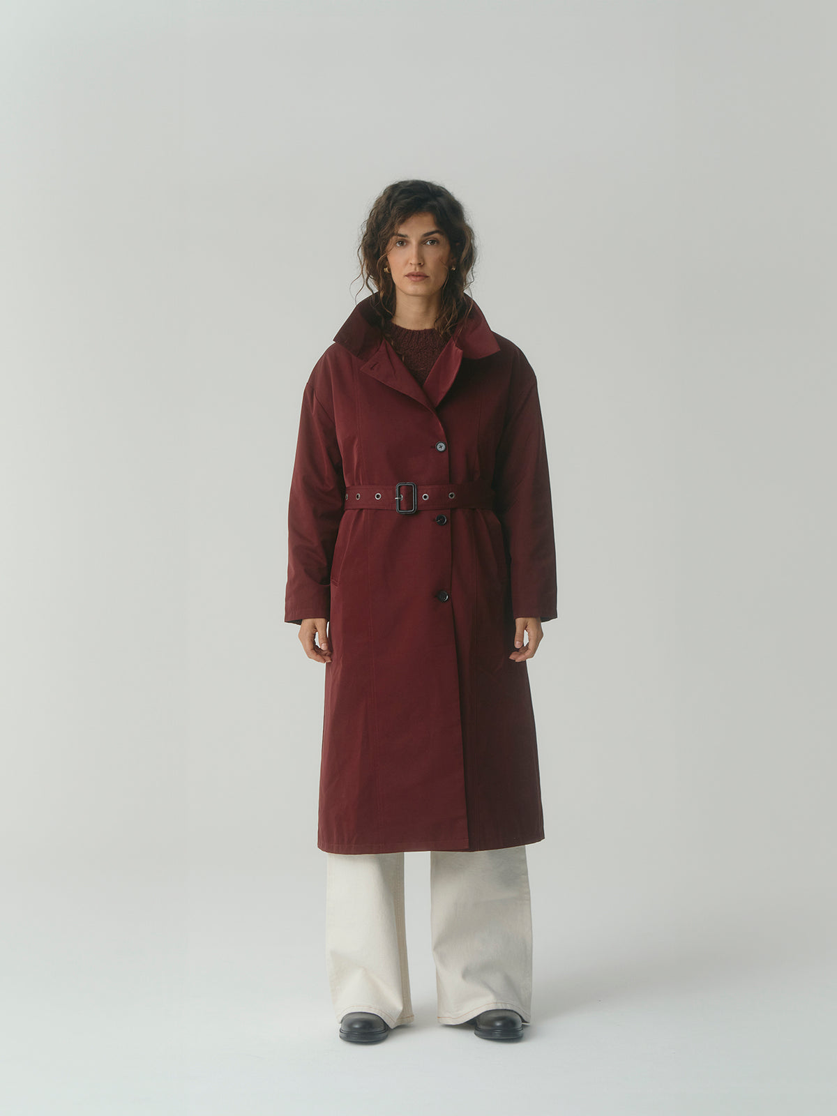 Asymmetrical Belted Trench with Stand Collar - Deep Red