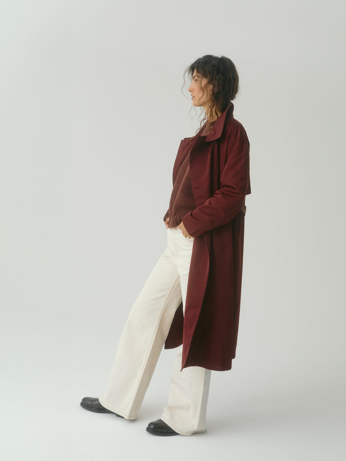 Asymmetrical Belted Trench with Stand Collar - Deep Red