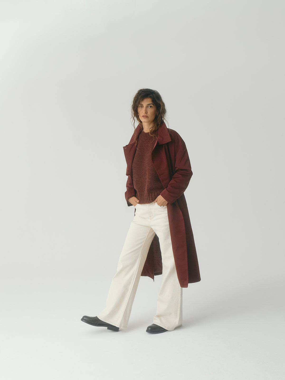Asymmetrical Belted Trench with Stand Collar - Deep Red