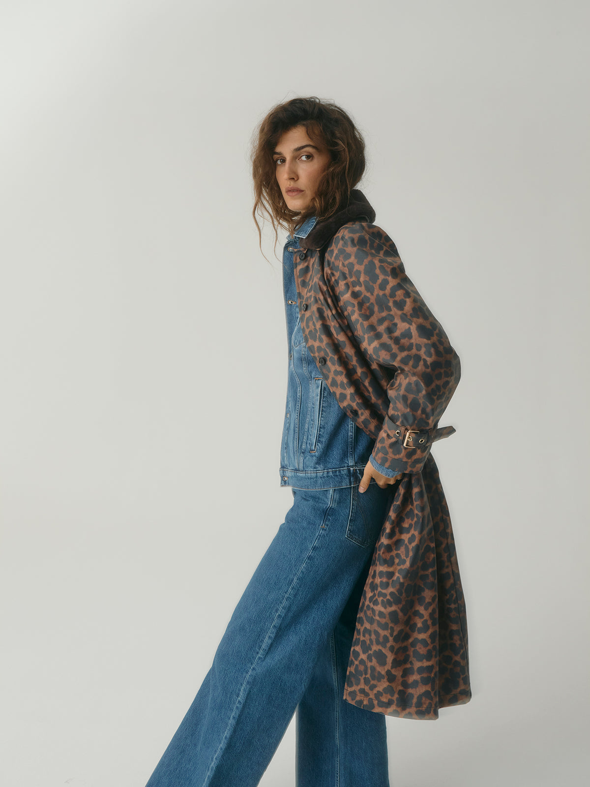 Long Raincoat with detachable plush collar - Leopard