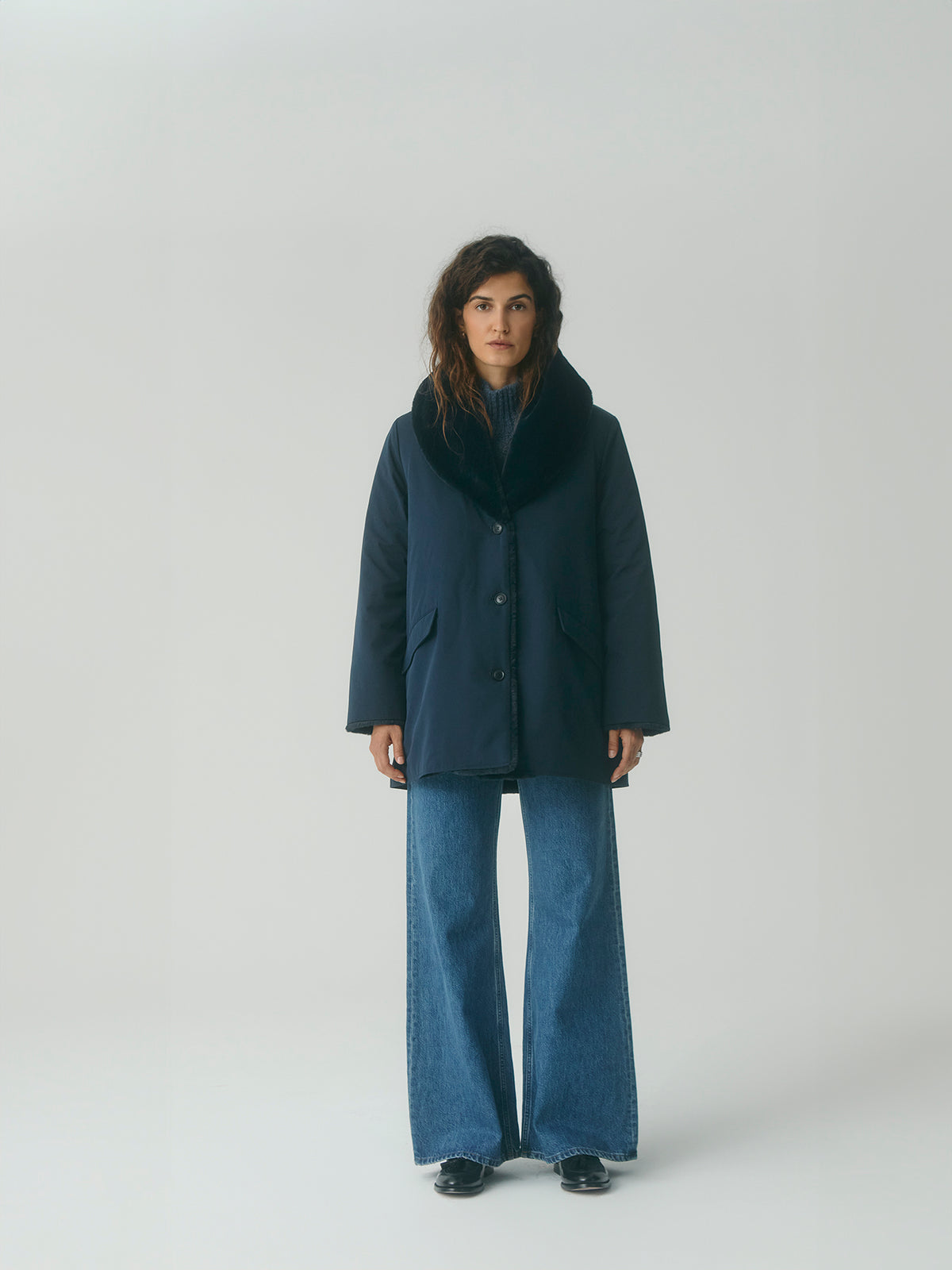 Pile Lined Shawl Collar Coat - Navy