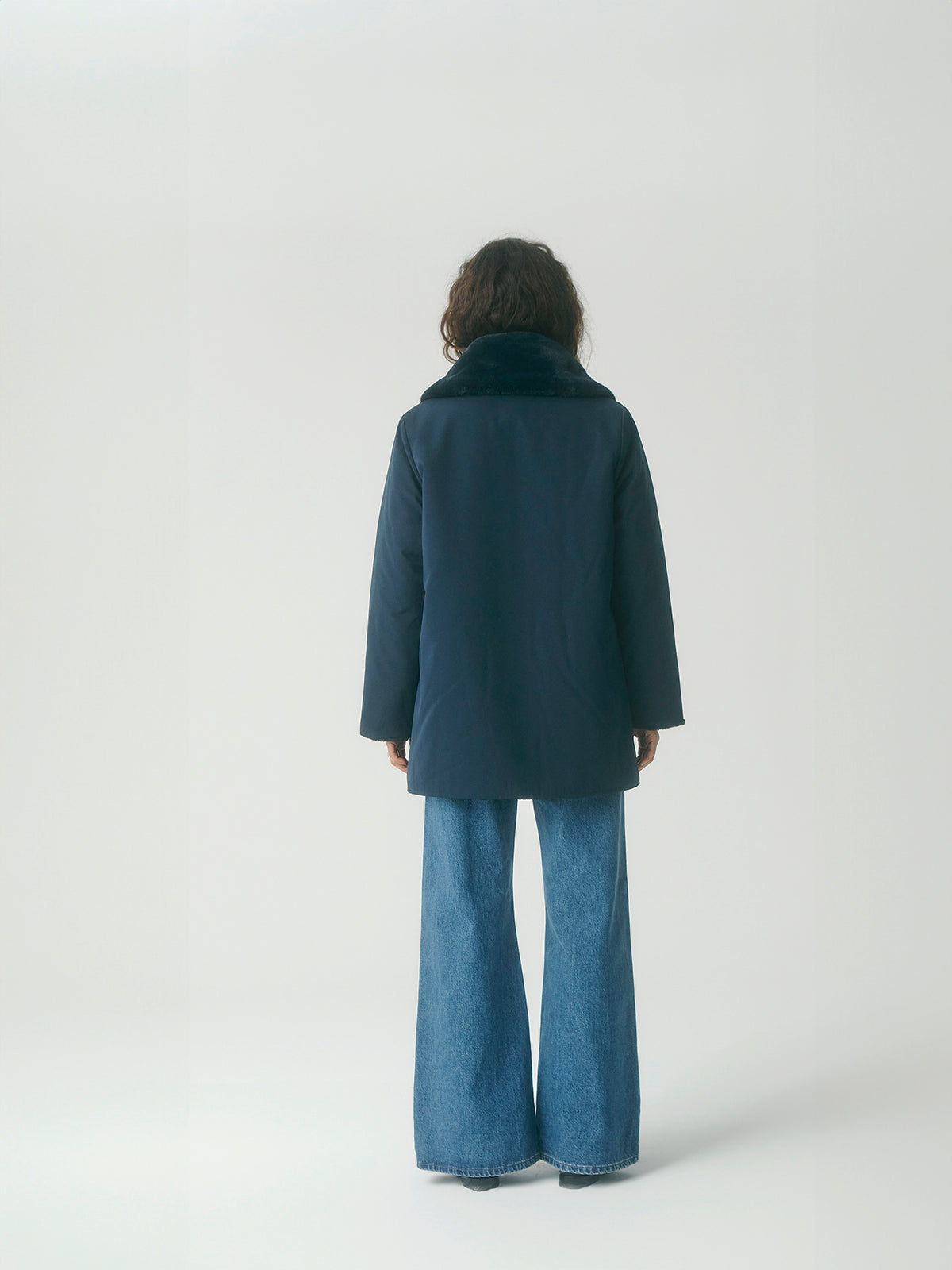 Pile Lined Shawl Collar Coat - Navy
