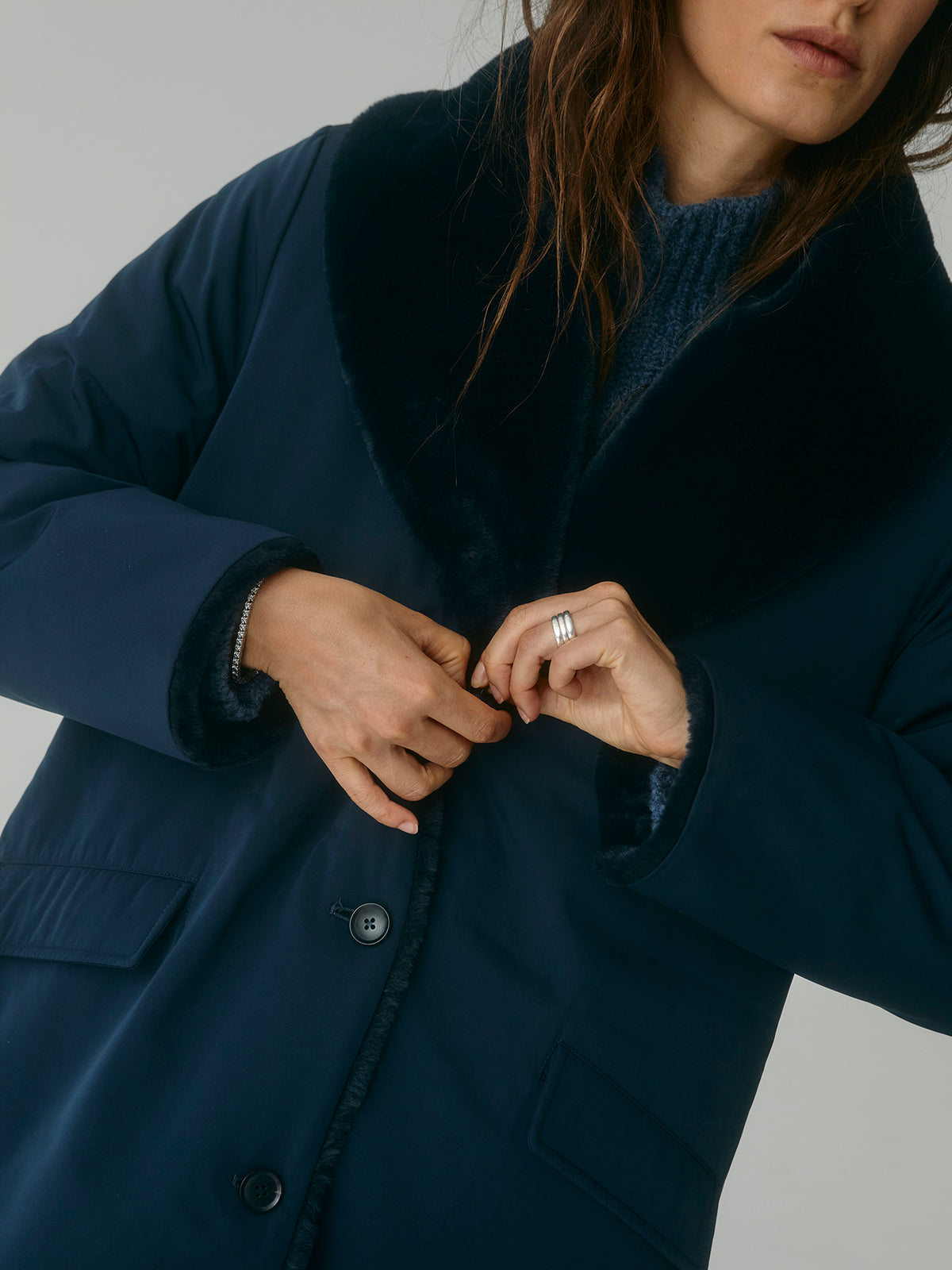 Pile Lined Shawl Collar Coat - Navy