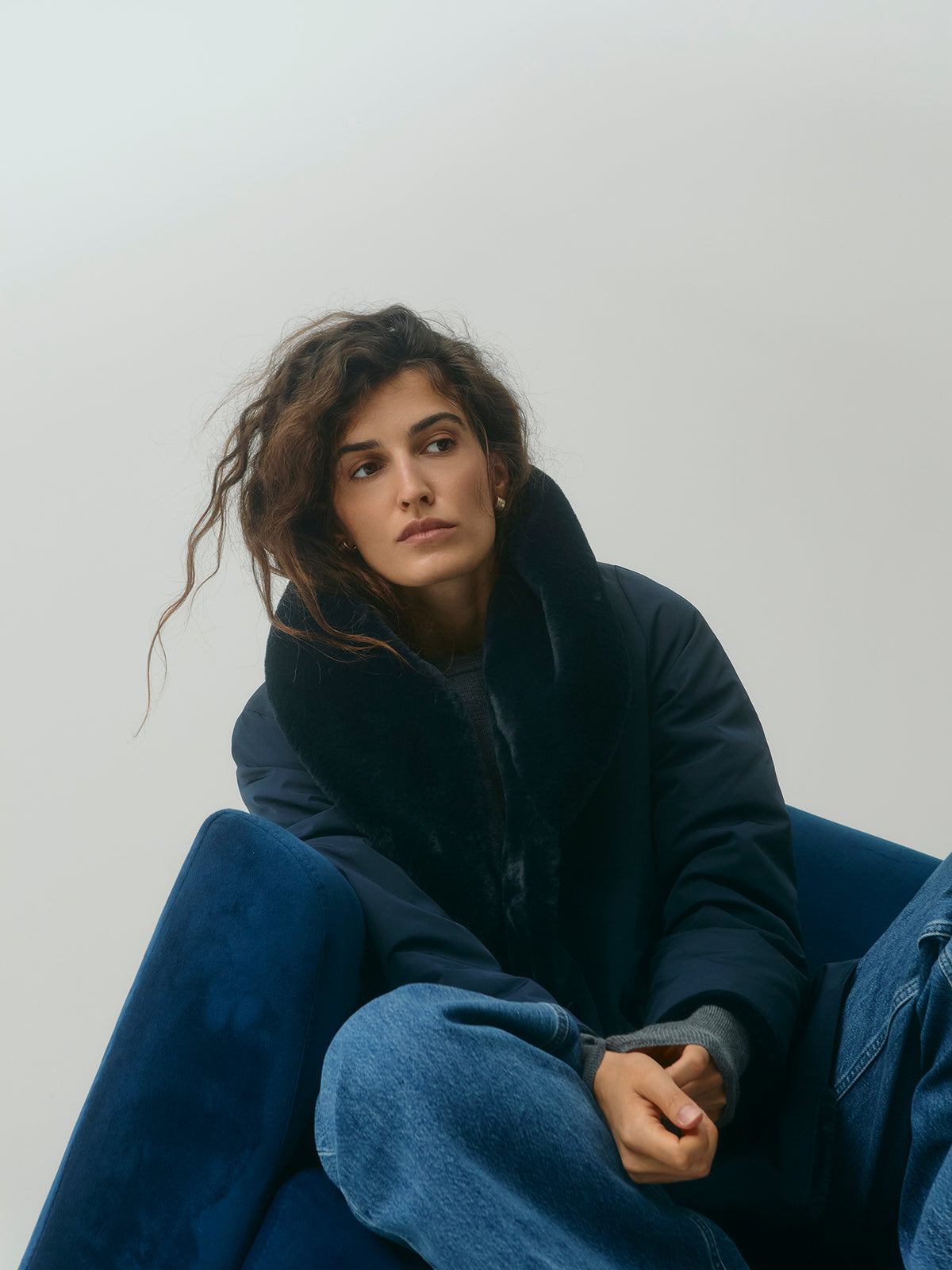 Pile Lined Shawl Collar Coat - Navy
