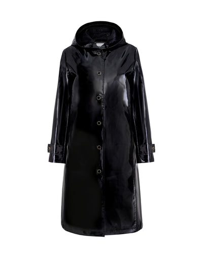 Mid Length hooded slicker coat with detachable quilted liner - Black