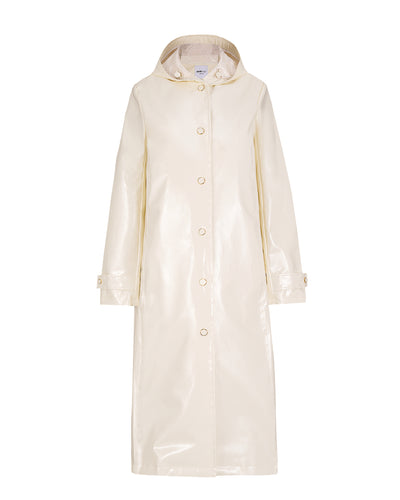 Mid Length hooded slicker coat with detachable quilted liner - Daisy White