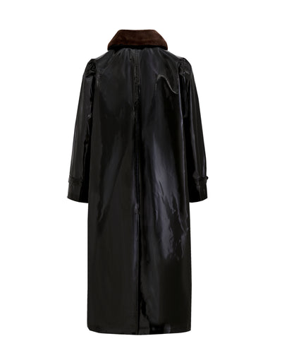 Long Raincoat with detachable plush collar - Black