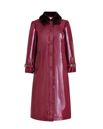 Long Raincoat with detachable plush collar - Deep Red