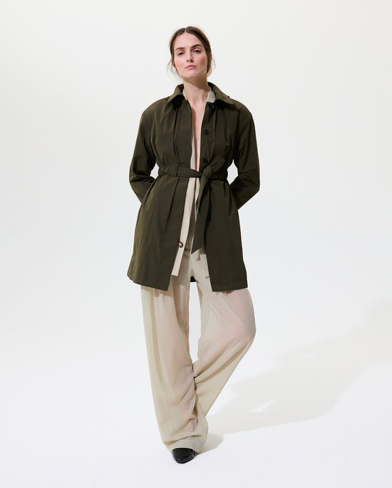Cinch Waisted Raincoat with Detachable Hood - Olive