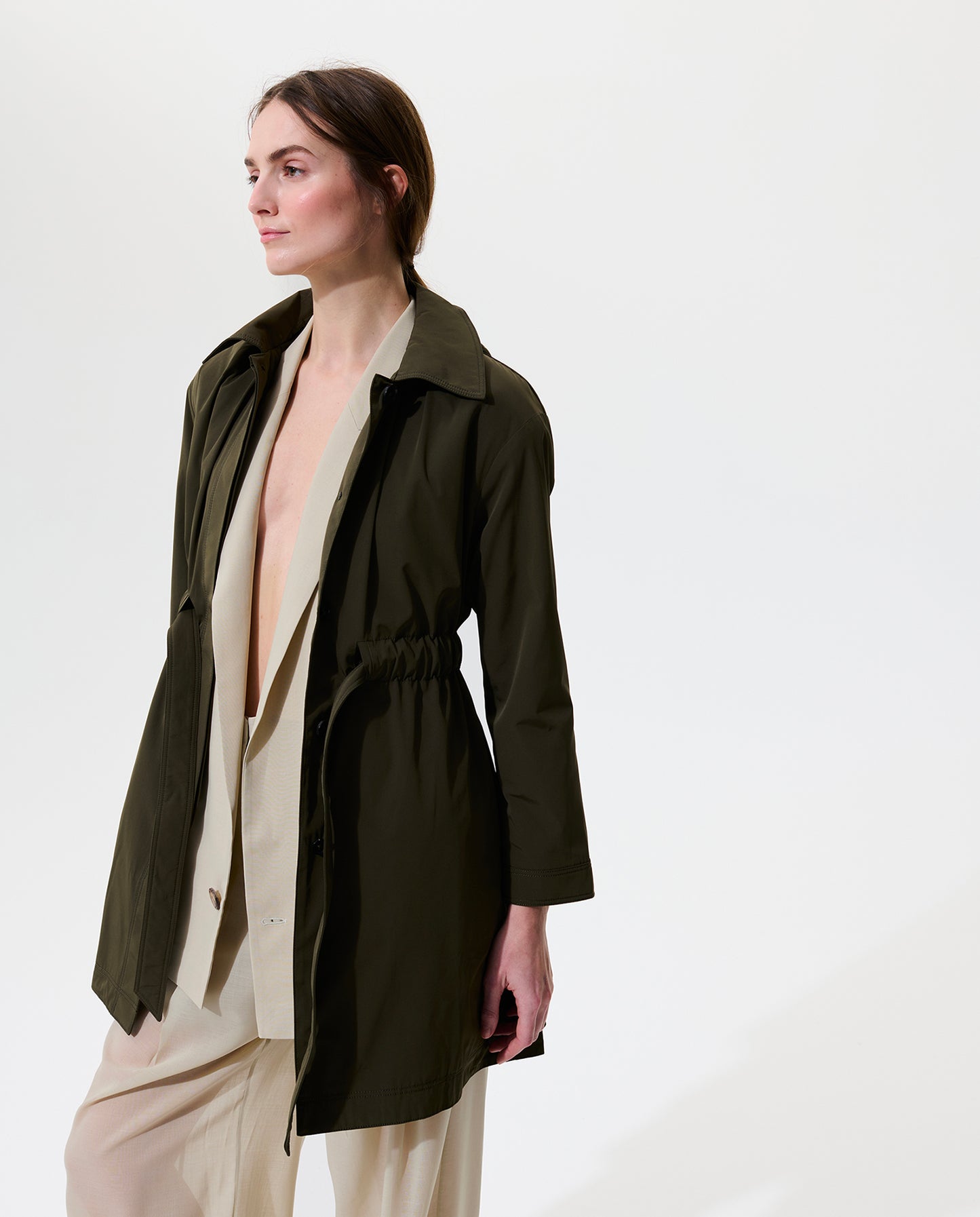 Cinch Waisted Raincoat with Detachable Hood - Olive
