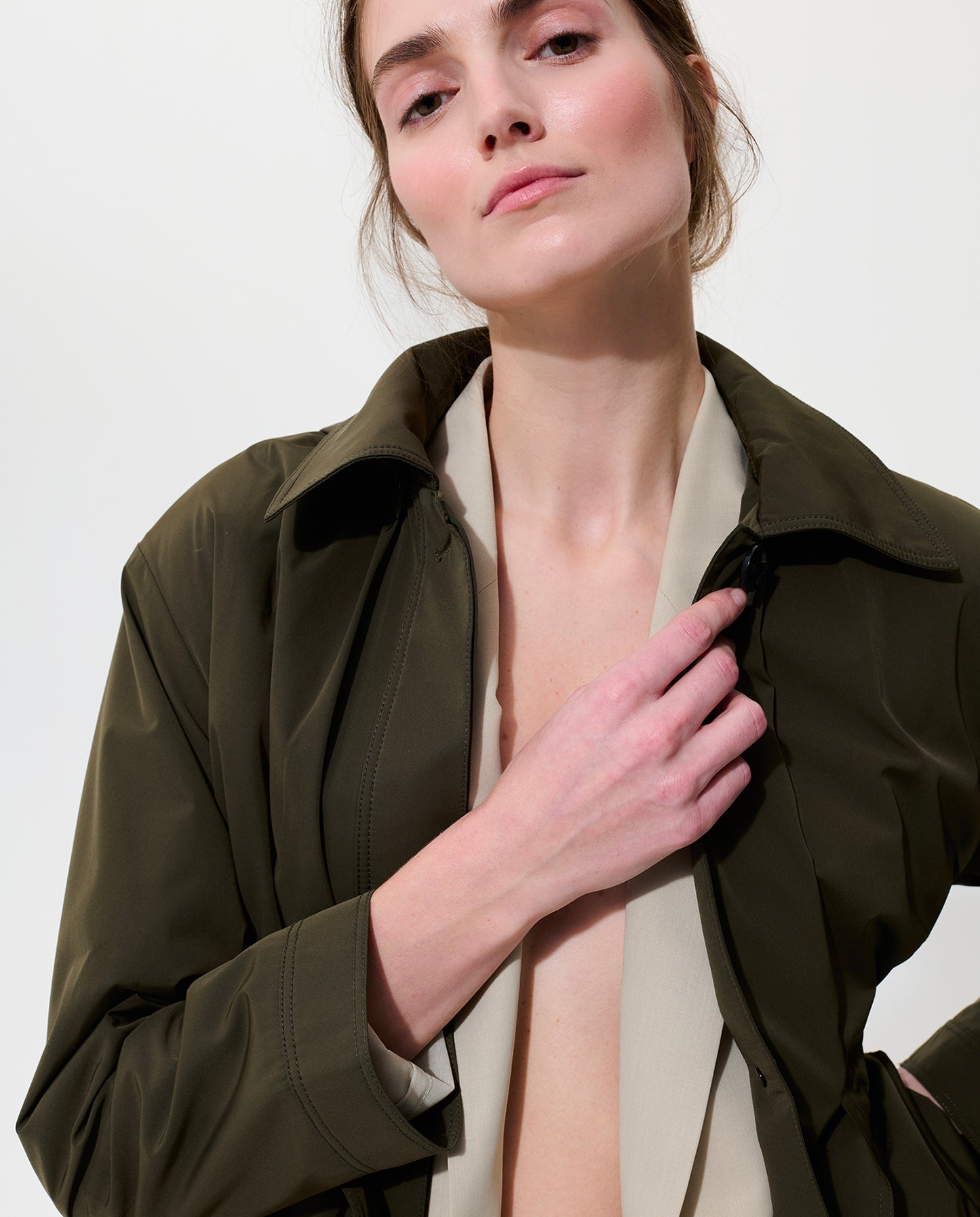 Cinch Waisted Raincoat with Detachable Hood - Olive