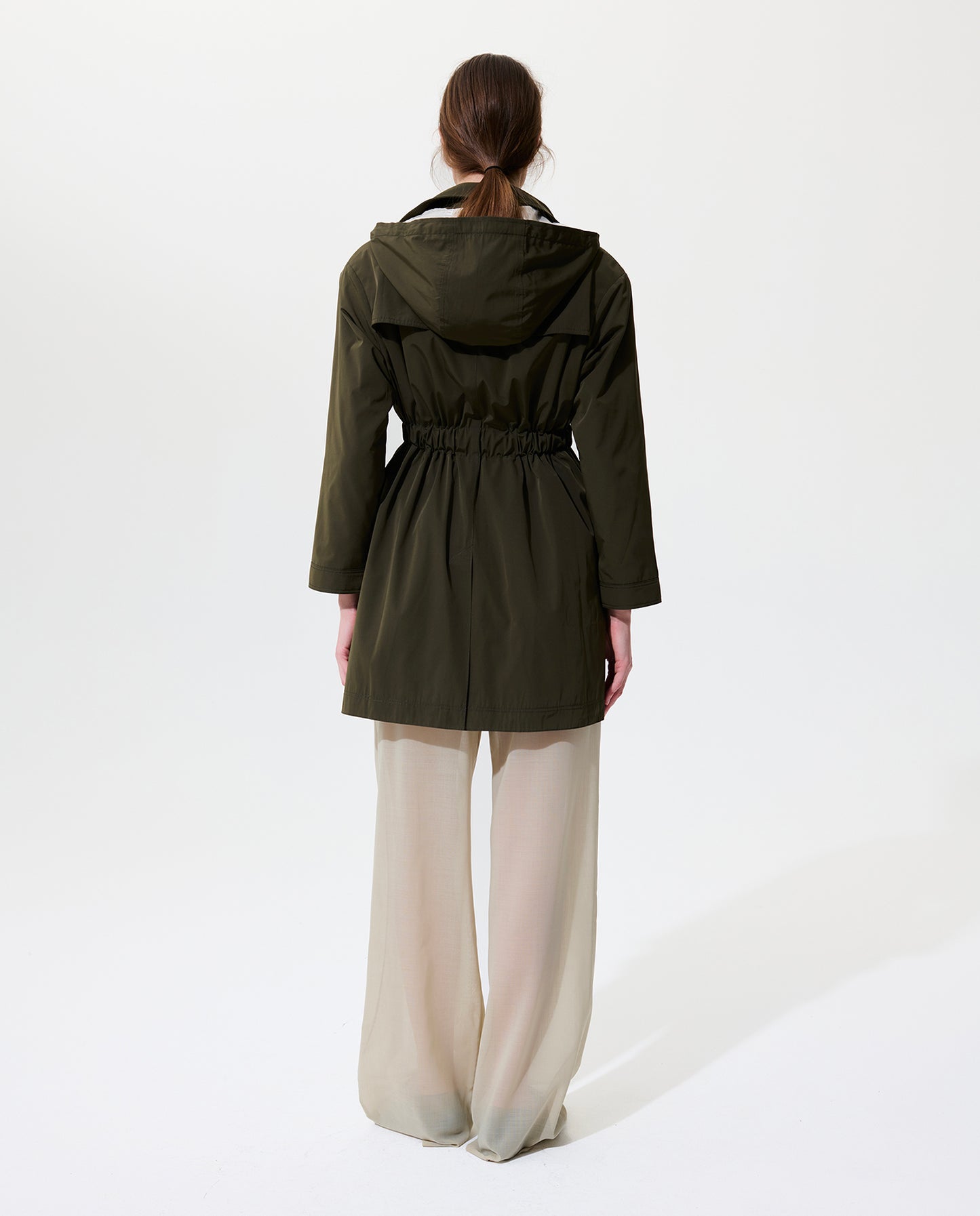 Cinch Waisted Raincoat with Detachable Hood - Olive