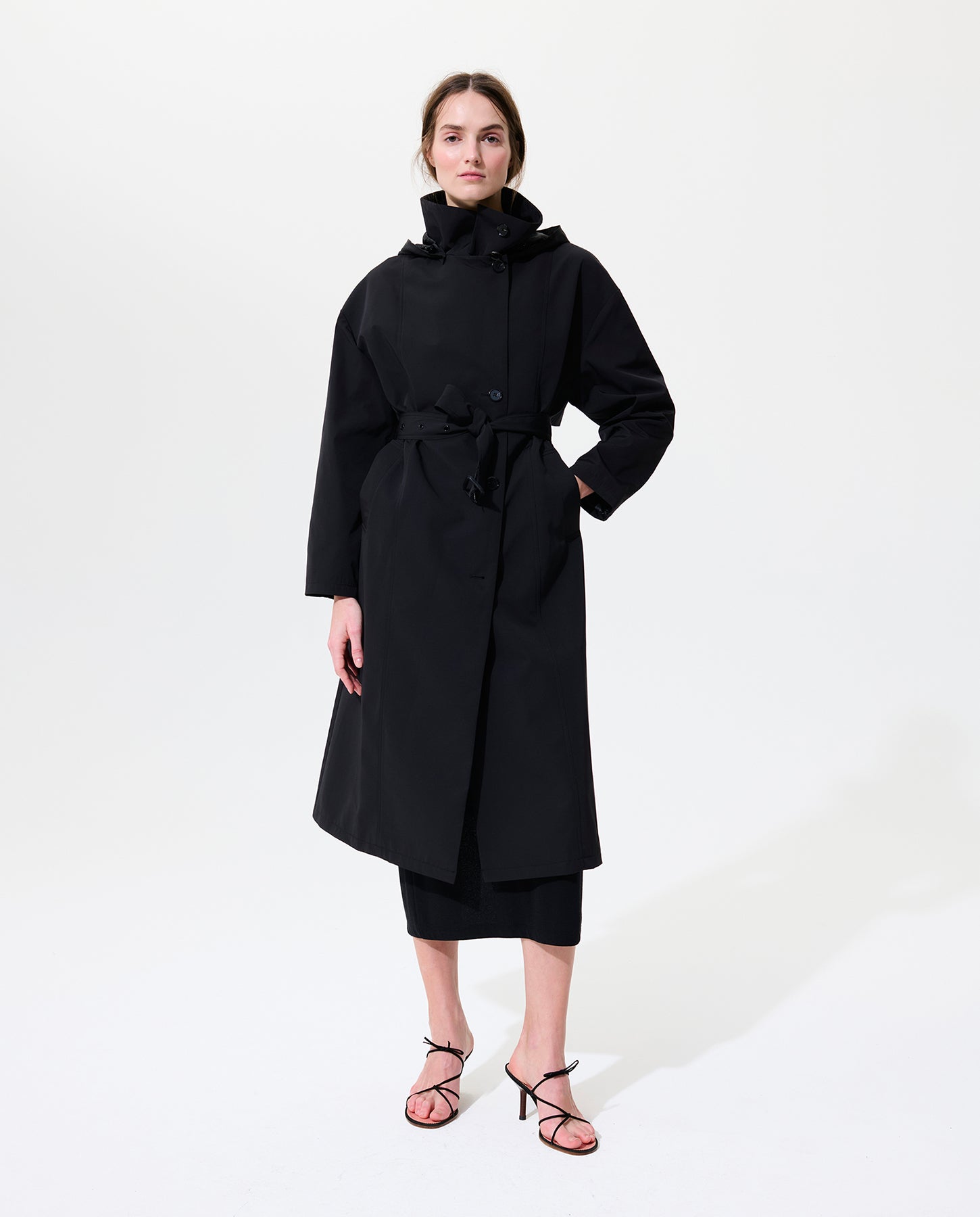 Asymmetrical Belted Trench with Stand Collar - Black – Jane Post