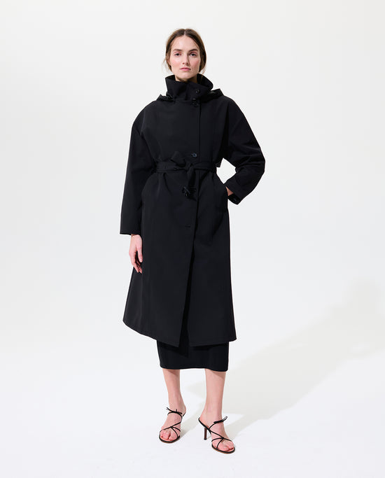 Asymmetrical Belted Trench with Stand Collar - Black