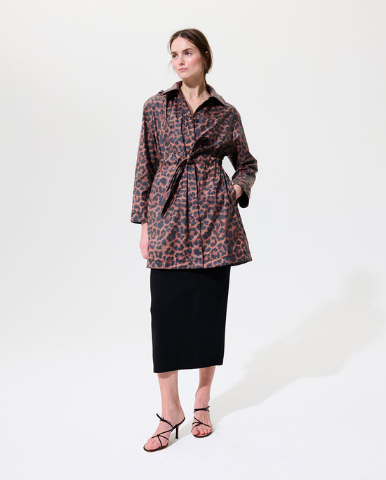 Cinch Waisted Raincoat with Detachable Hood - Leopard Print