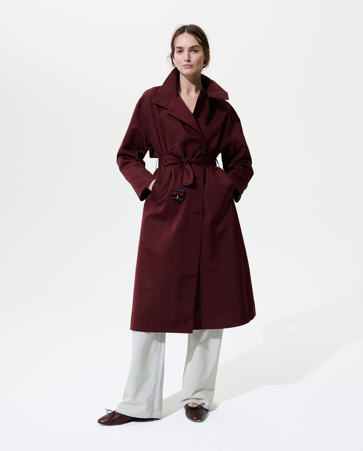 Asymmetrical Belted Trench with Stand Collar - Deep Red – Jane Post