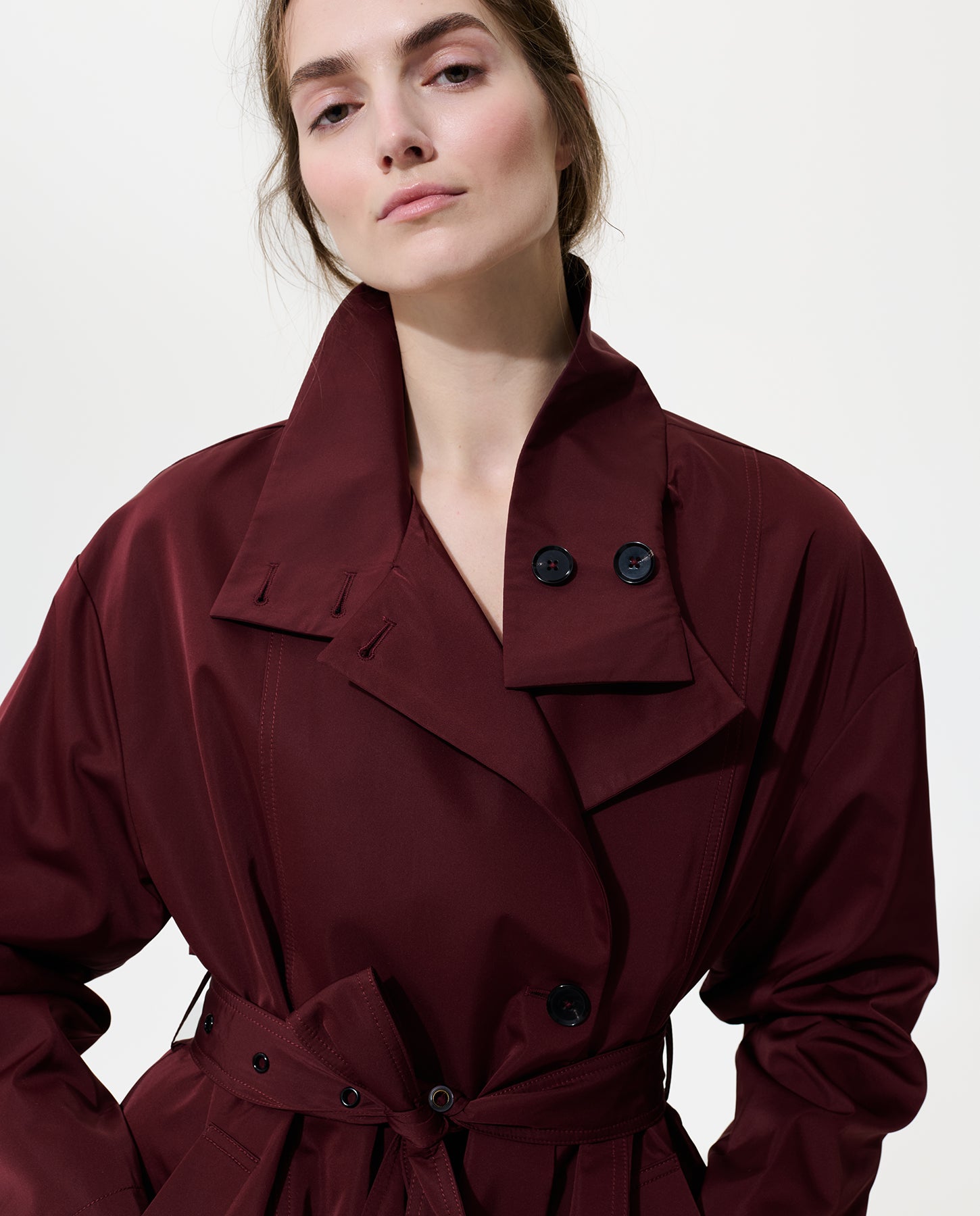 Asymmetrical Belted Trench with Stand Collar - Deep Red – Jane Post