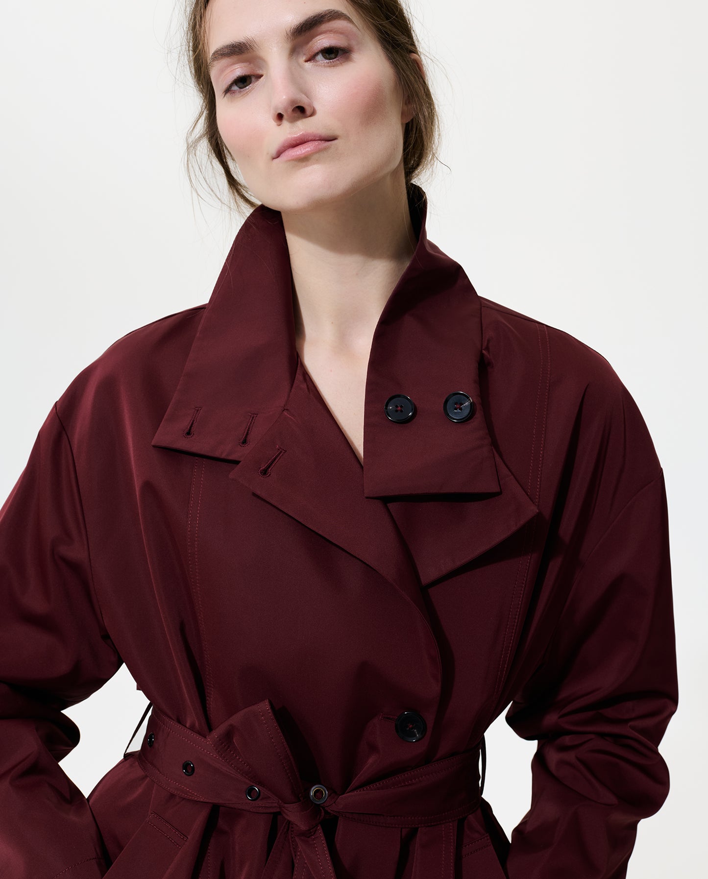 Asymmetrical Belted Trench with Stand Collar - Deep Red