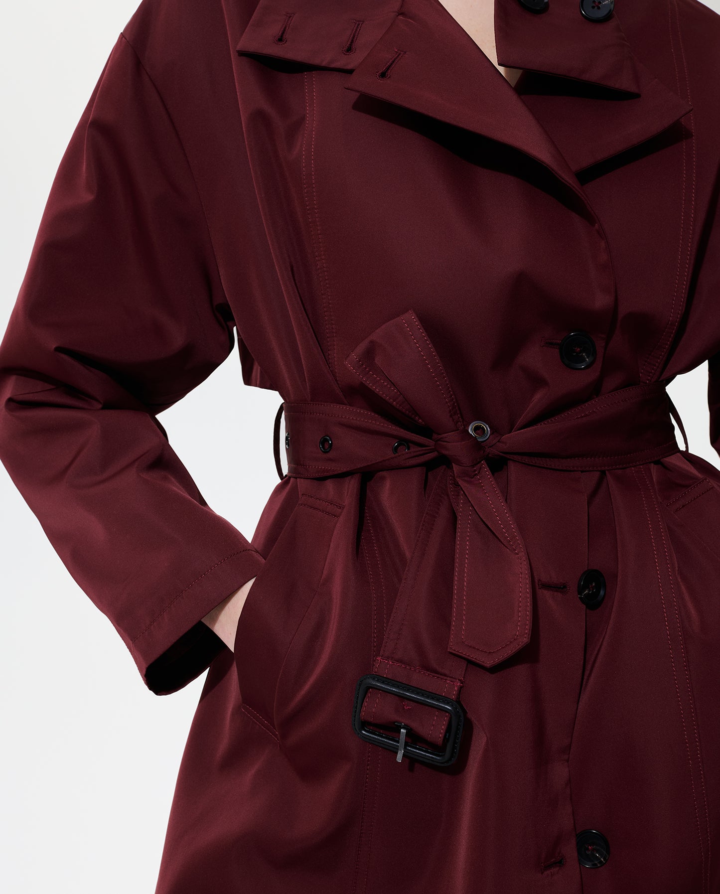 Asymmetrical Belted Trench with Stand Collar - Deep Red