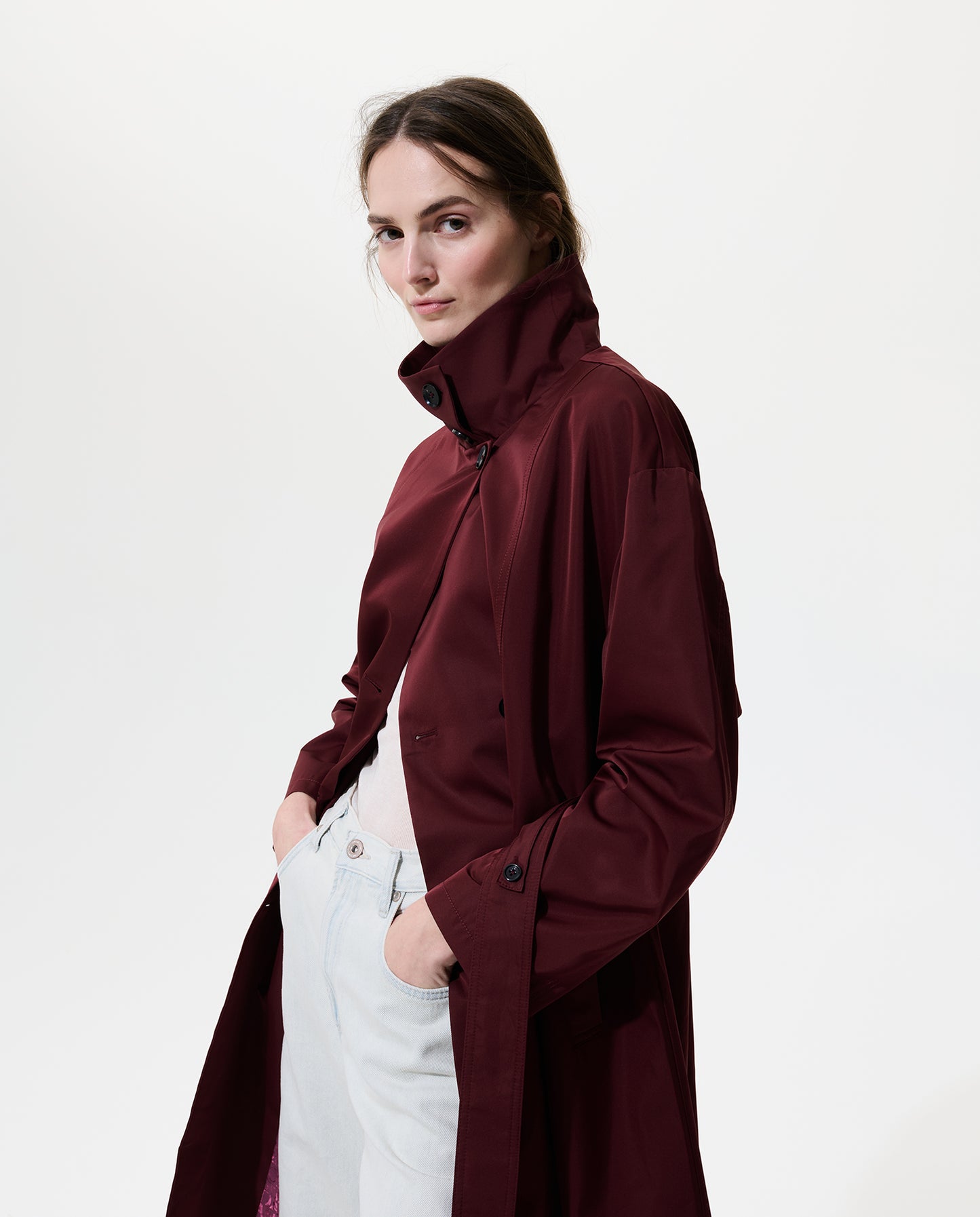 Asymmetrical Belted Trench with Stand Collar - Deep Red