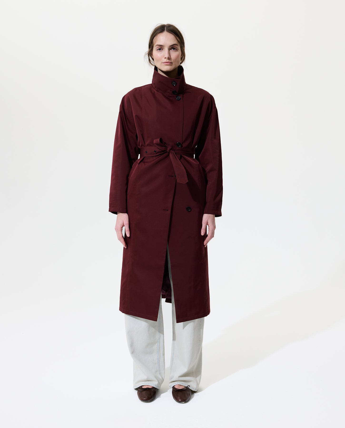 Asymmetrical Belted Trench with Stand Collar - Deep Red – Jane Post